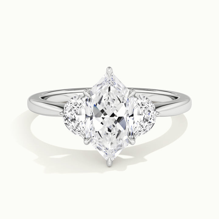 White gold Dutch marquise-cut three-stone with half-moon side stones engagement ring, front view