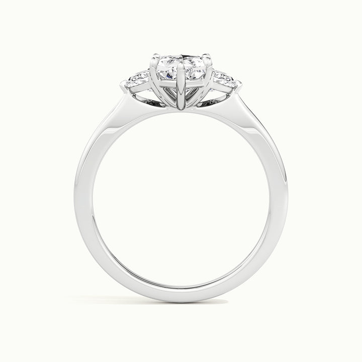 White gold Dutch marquise-cut three-stone with half-moon side stones engagement ring, side profile showing setting height