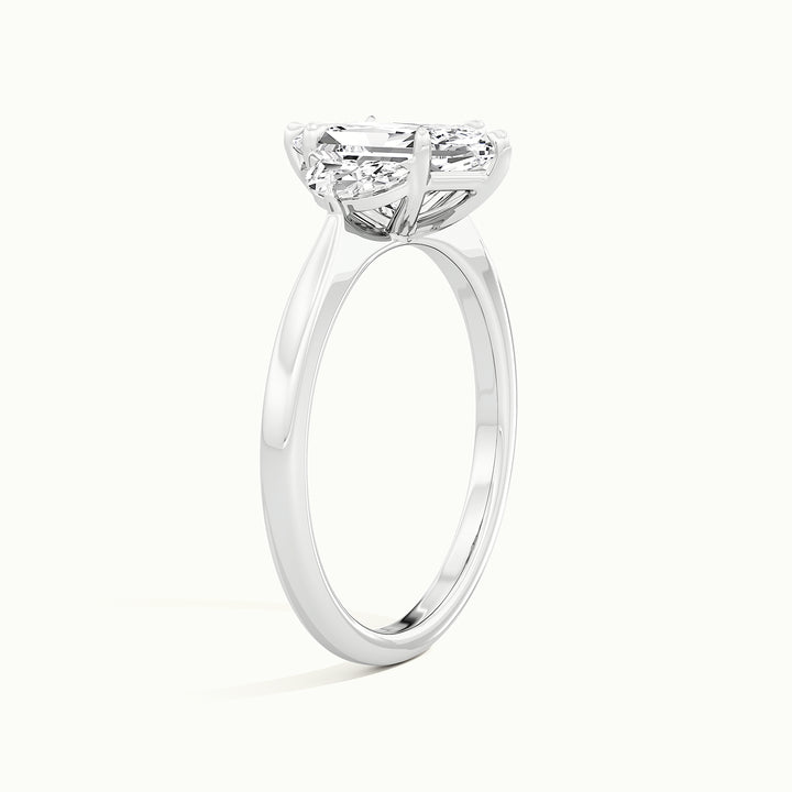 White gold Dutch marquise-cut three-stone with half-moon side stones engagement ring, three-quarter view