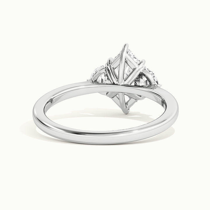 White gold Dutch marquise-cut three-stone with half-moon side stones engagement ring, rear view showing the setting gallery