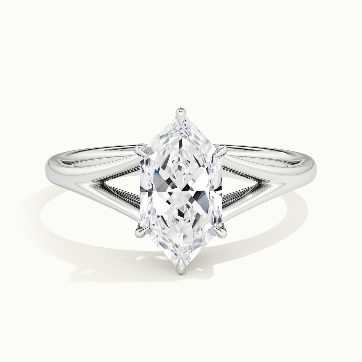 White gold Dutch marquise-cut split shank solitaire engagement ring, front view
