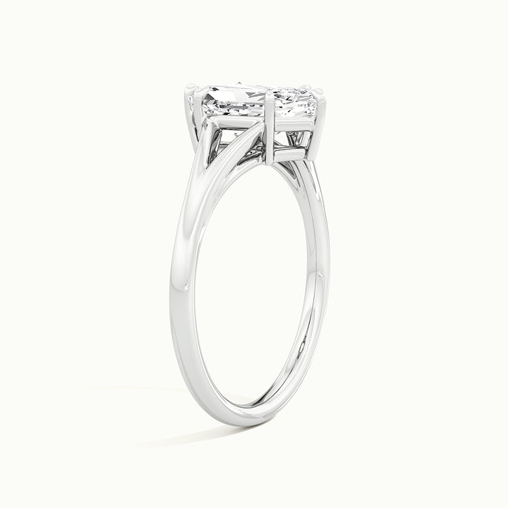 White gold Dutch marquise-cut split shank solitaire engagement ring, raised three-quarter view of the setting
