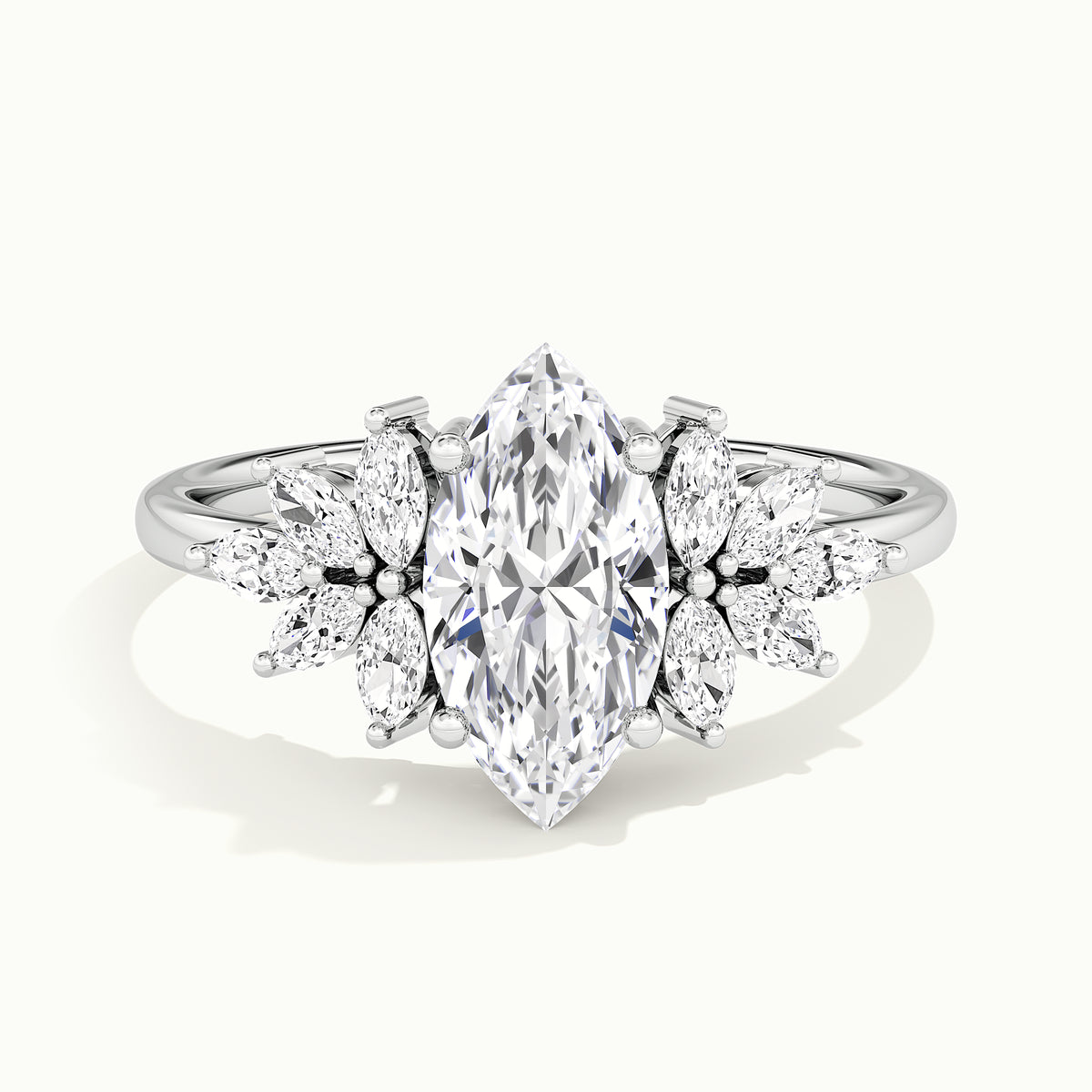 White gold marquise-cut floral cluster engagement ring, front view