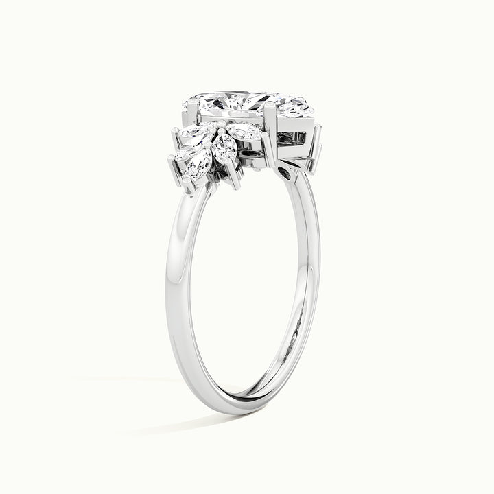 White gold marquise-cut floral cluster engagement ring, raised three-quarter view of the setting