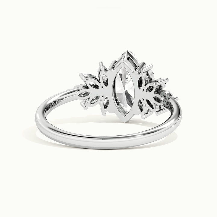 White gold marquise-cut floral cluster engagement ring, rear view showing the setting gallery