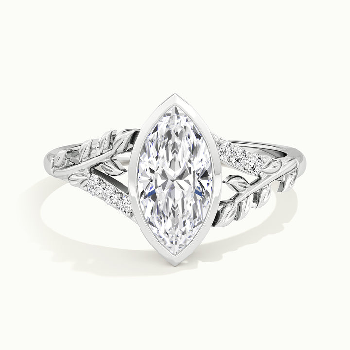White gold marquise-cut nature-inspired leaf bezel-set engagement ring, front view