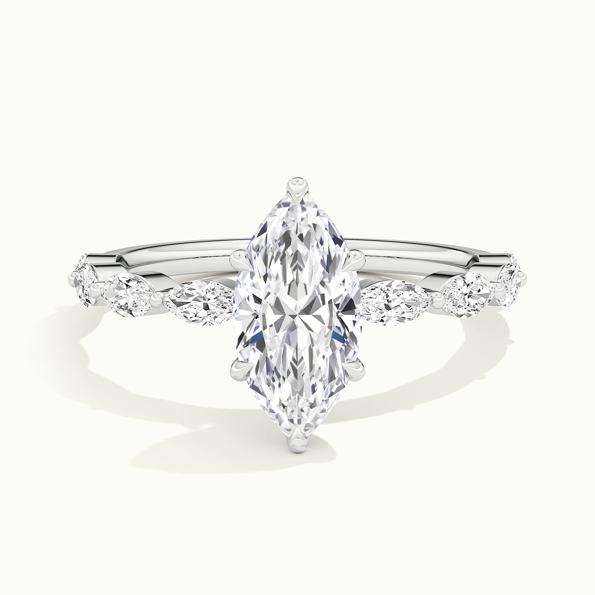 White gold marquise-cut hidden halo with marquise side stones engagement ring, front view
