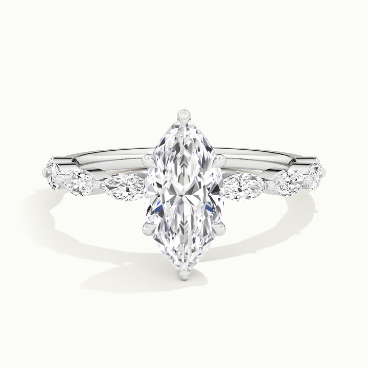White gold marquise-cut hidden halo with marquise side stones engagement ring, front view