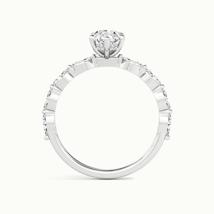 White gold marquise-cut hidden halo with marquise side stones engagement ring, side profile showing setting height