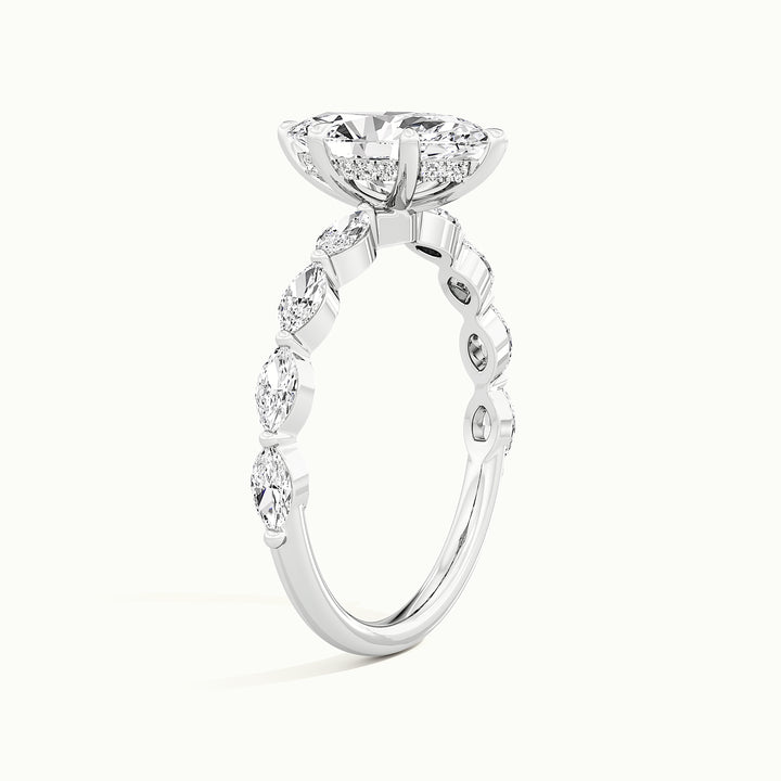 White gold marquise-cut hidden halo with marquise side stones engagement ring, raised three-quarter view of the setting
