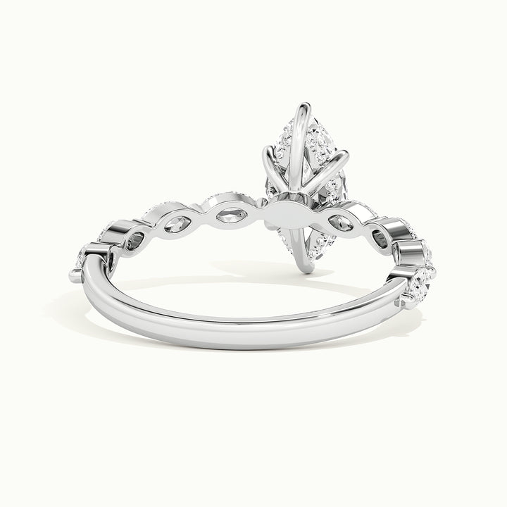 White gold marquise-cut hidden halo with marquise side stones engagement ring, rear view showing the setting gallery