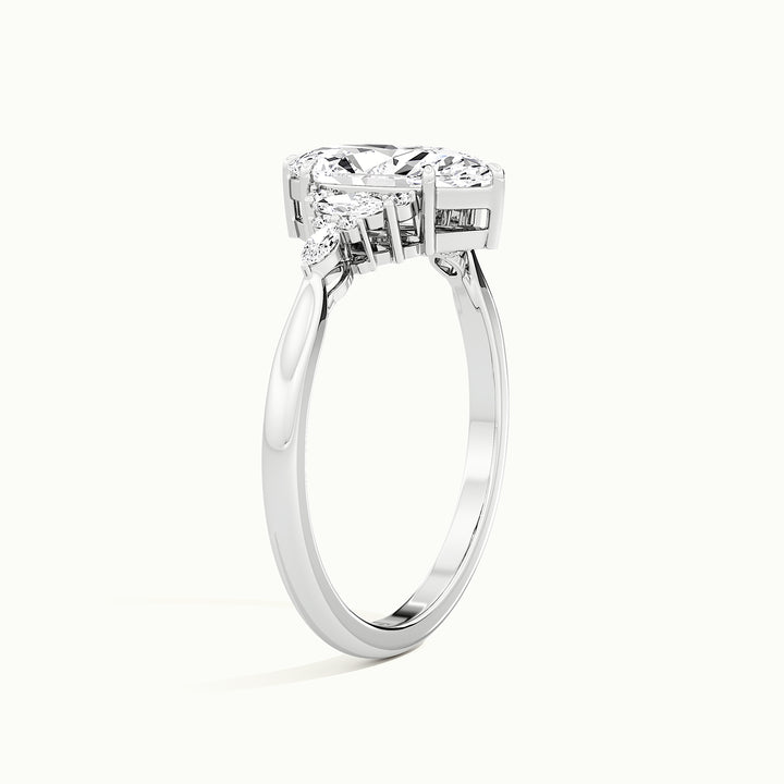White gold marquise-cut art deco cluster engagement ring, raised three-quarter view of the setting