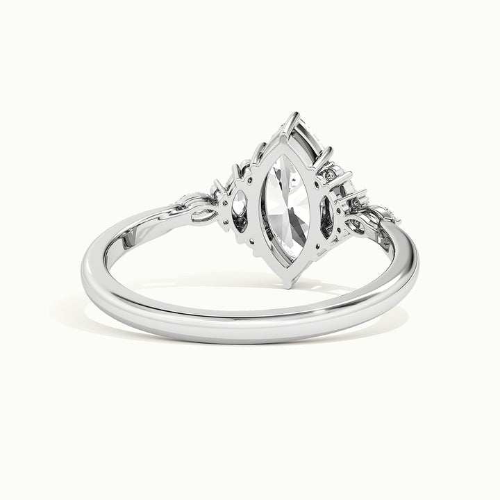 White gold marquise-cut art deco cluster engagement ring, rear view showing the setting gallery