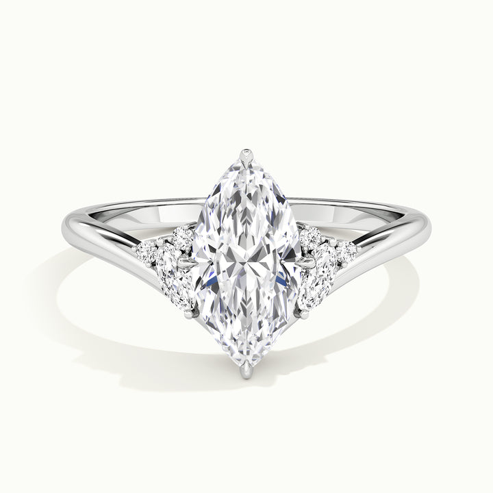 White gold marquise-cut V band with side-stone cluster engagement ring, front view