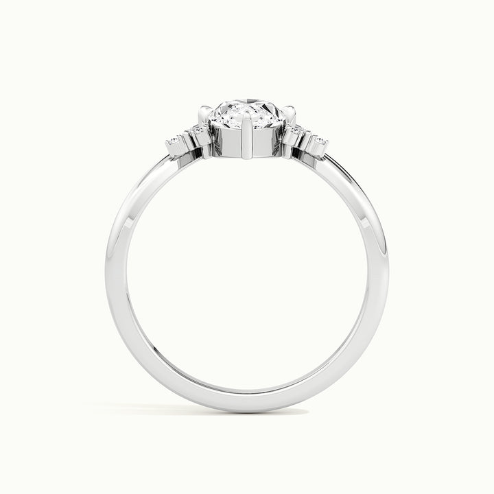 White gold marquise-cut V band with side-stone cluster engagement ring, side profile showing setting height