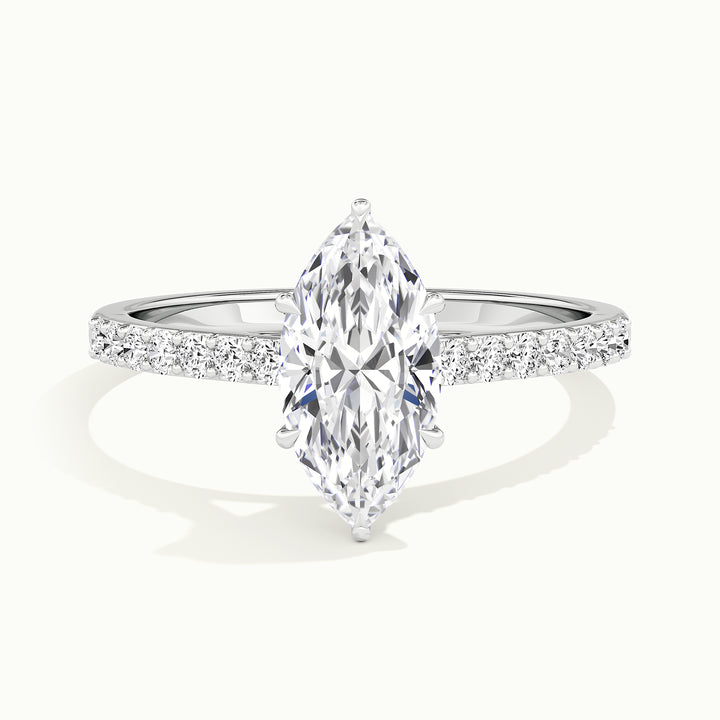 White gold marquise-cut cathedral hidden halo engagement ring, front view