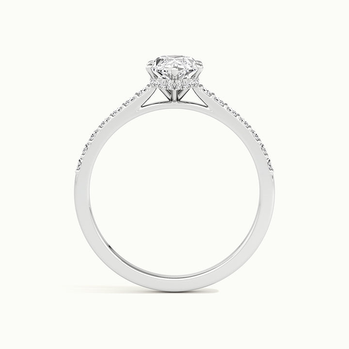 White gold marquise-cut cathedral hidden halo engagement ring, side profile showing setting height