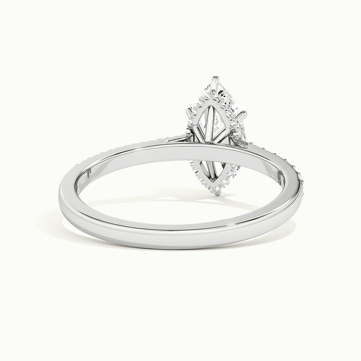 White gold marquise-cut cathedral hidden halo engagement ring, rear view showing the setting gallery