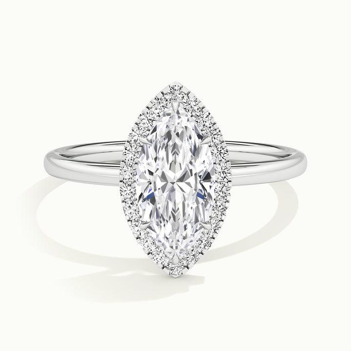 White gold marquise-cut hidden halo tapered shank engagement ring, front view
