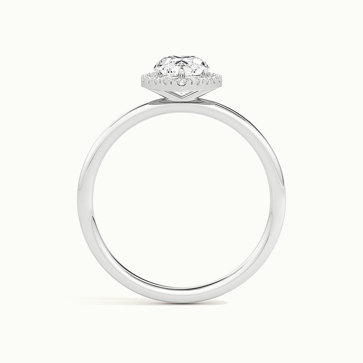 White gold marquise-cut hidden halo tapered shank engagement ring, raised three-quarter view of the setting