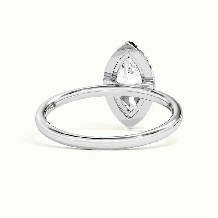White gold marquise-cut hidden halo tapered shank engagement ring, rear view showing the setting gallery
