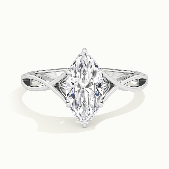 White gold marquise-cut hidden halo twisted shank engagement ring, front view