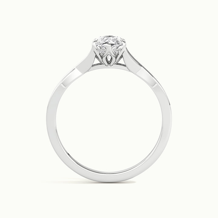 White gold marquise-cut hidden halo twisted shank engagement ring, side profile showing setting height