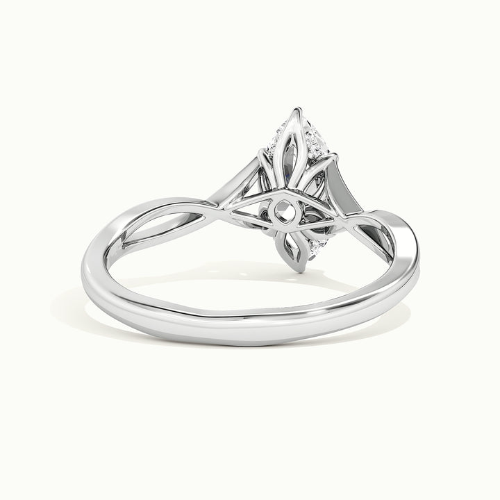 White gold marquise-cut hidden halo twisted shank engagement ring, rear view showing the setting gallery