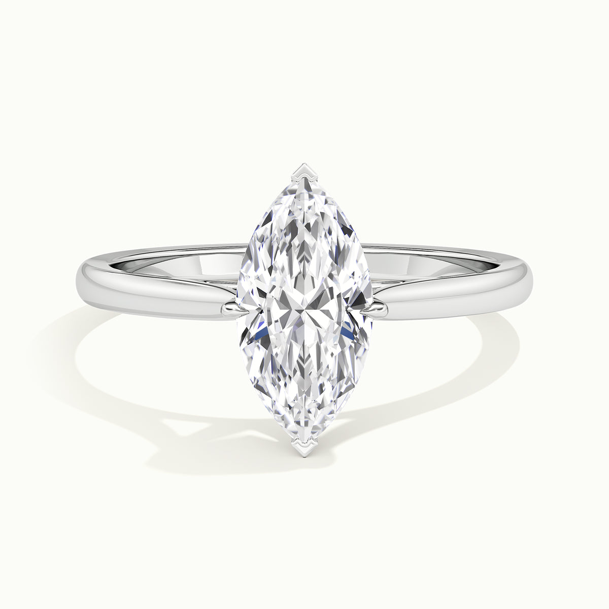 White gold marquise-cut hidden halo tapered shank engagement ring, front view