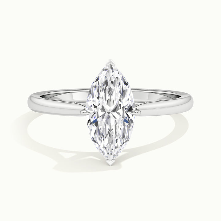 White gold marquise-cut hidden halo tapered shank engagement ring, front view