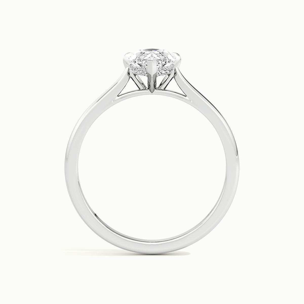 White gold marquise-cut hidden halo tapered shank engagement ring, side profile showing setting height