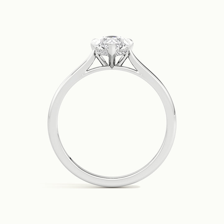 White gold marquise-cut hidden halo tapered shank engagement ring, side profile showing setting height