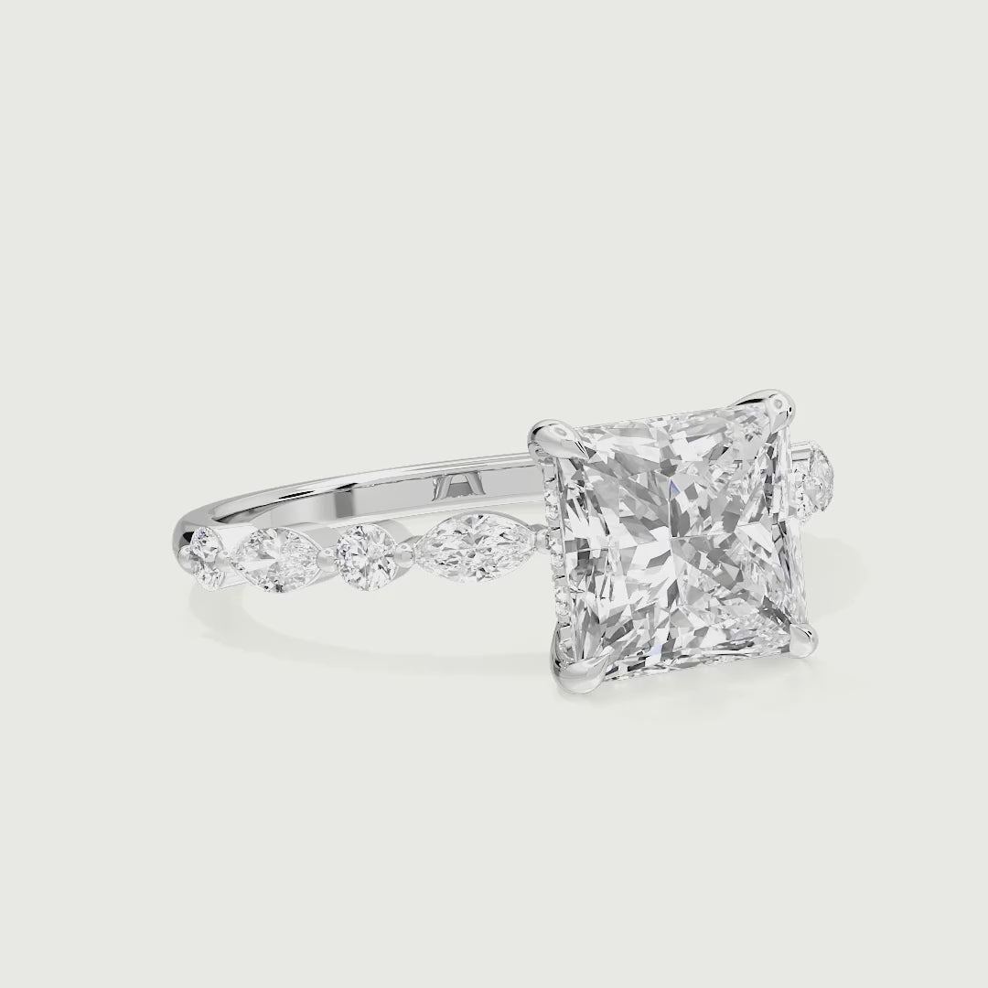 Raelynn Princess Cut Lab Grown Diamond Shared Prong Marquise and Round Side Stone Ring