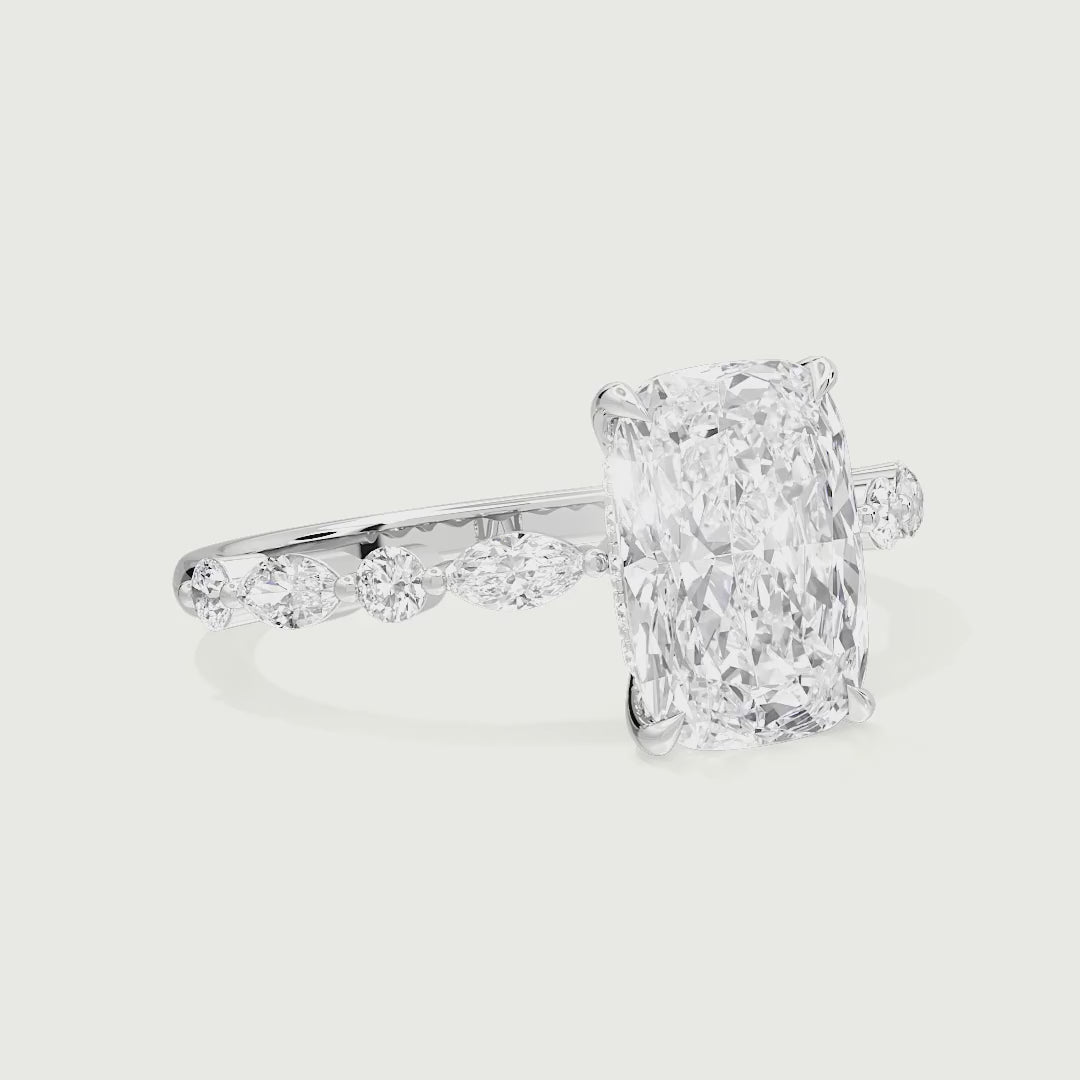Raelynn Elongated Cushion Lab Grown Diamond Shared Prong Marquise and Round Side Stone Ring