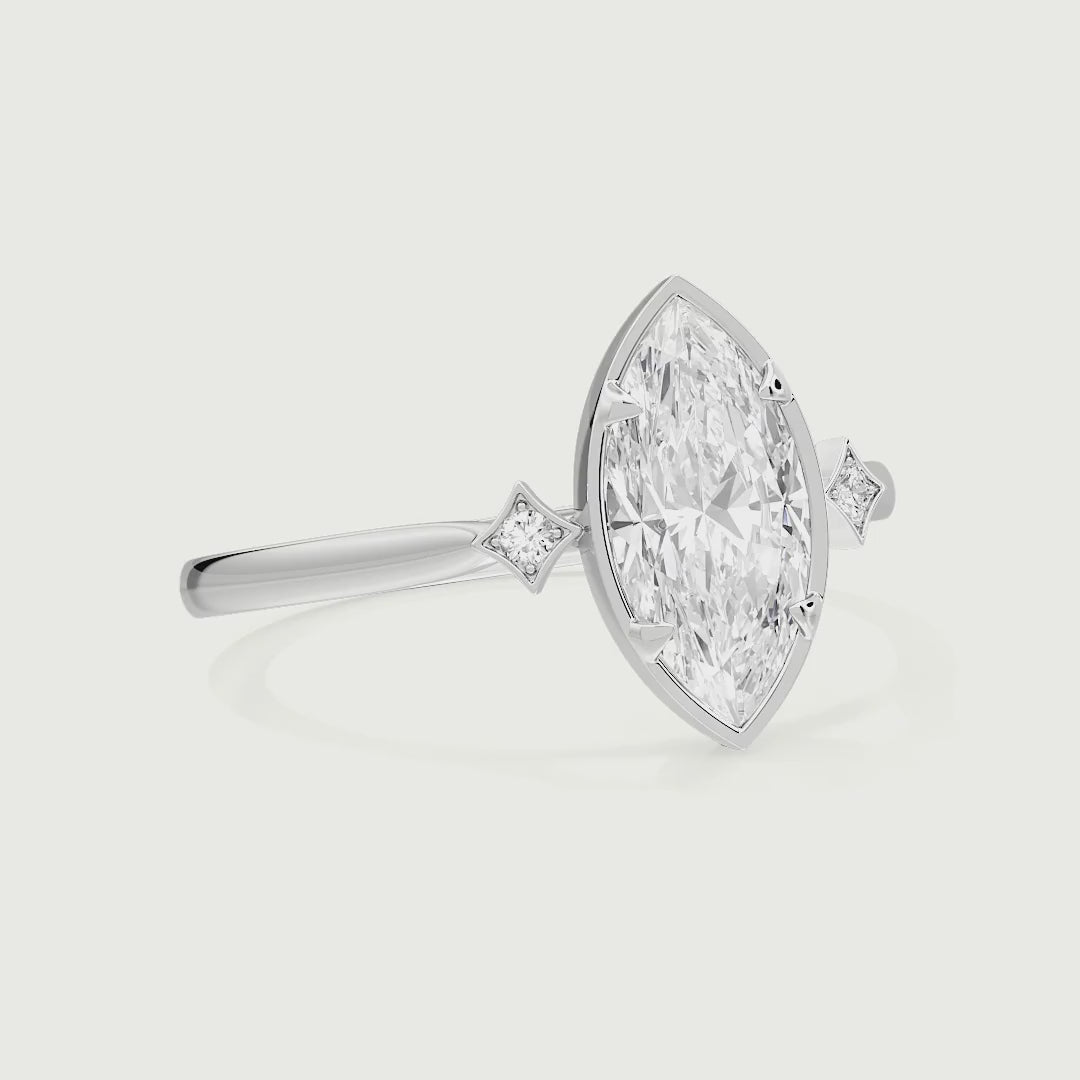 Elowen Marquise Cut Bezel Set Three Stone Lab Grown Diamond Engagement Ring