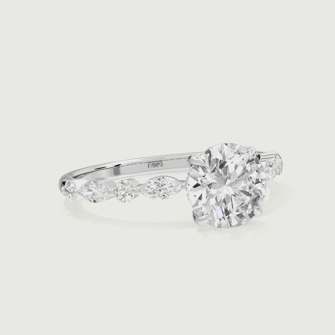 Raelynn Round Cut Lab Grown Diamond Shared Prong Marquise and Round Side Stone Ring