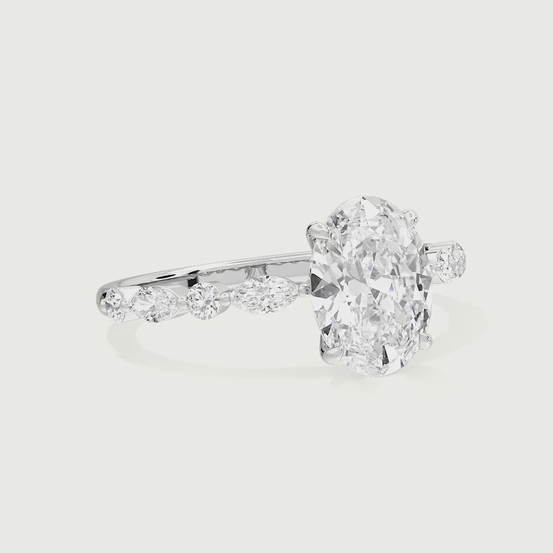 Raelynn Oval Cut Lab Grown Diamond Shared Prong Marquise and Round Side Stone Ring