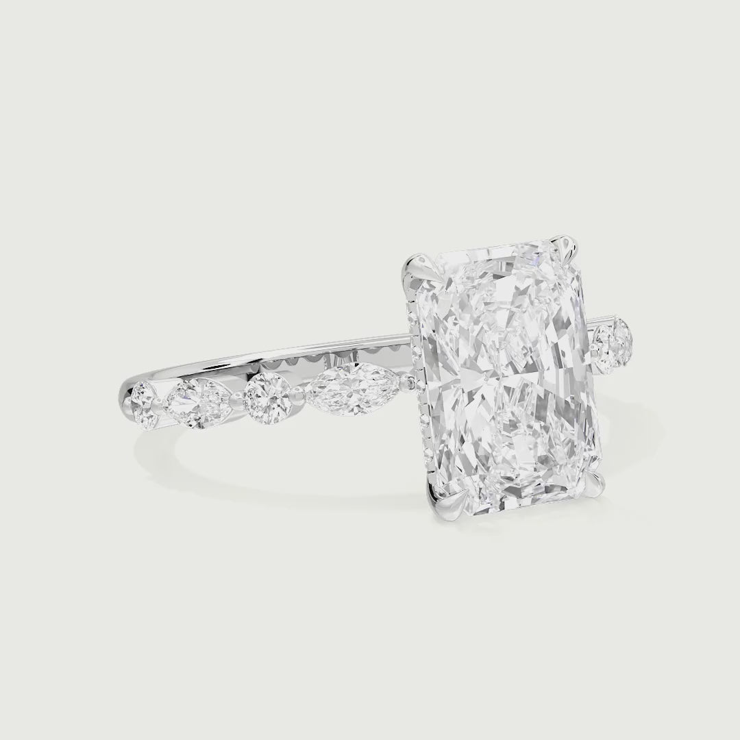 Raelynn Radiant Cut Lab Grown Diamond Shared Prong Marquise and Round Side Stone Ring