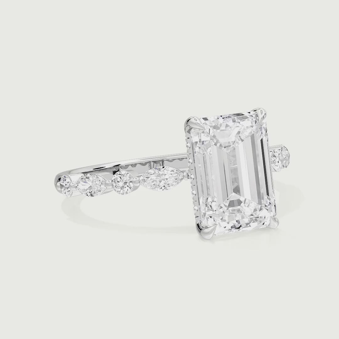 Raelynn Emerald Cut Lab Grown Diamond Shared Prong Marquise and Round Side Stone Ring