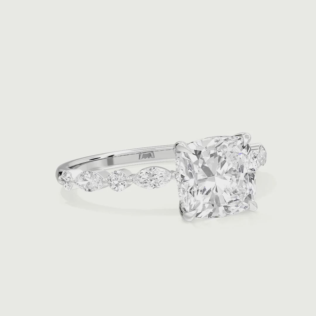 Raelynn Cushion Cut Lab Grown Diamond Shared Prong Marquise and Round Side Stone Ring