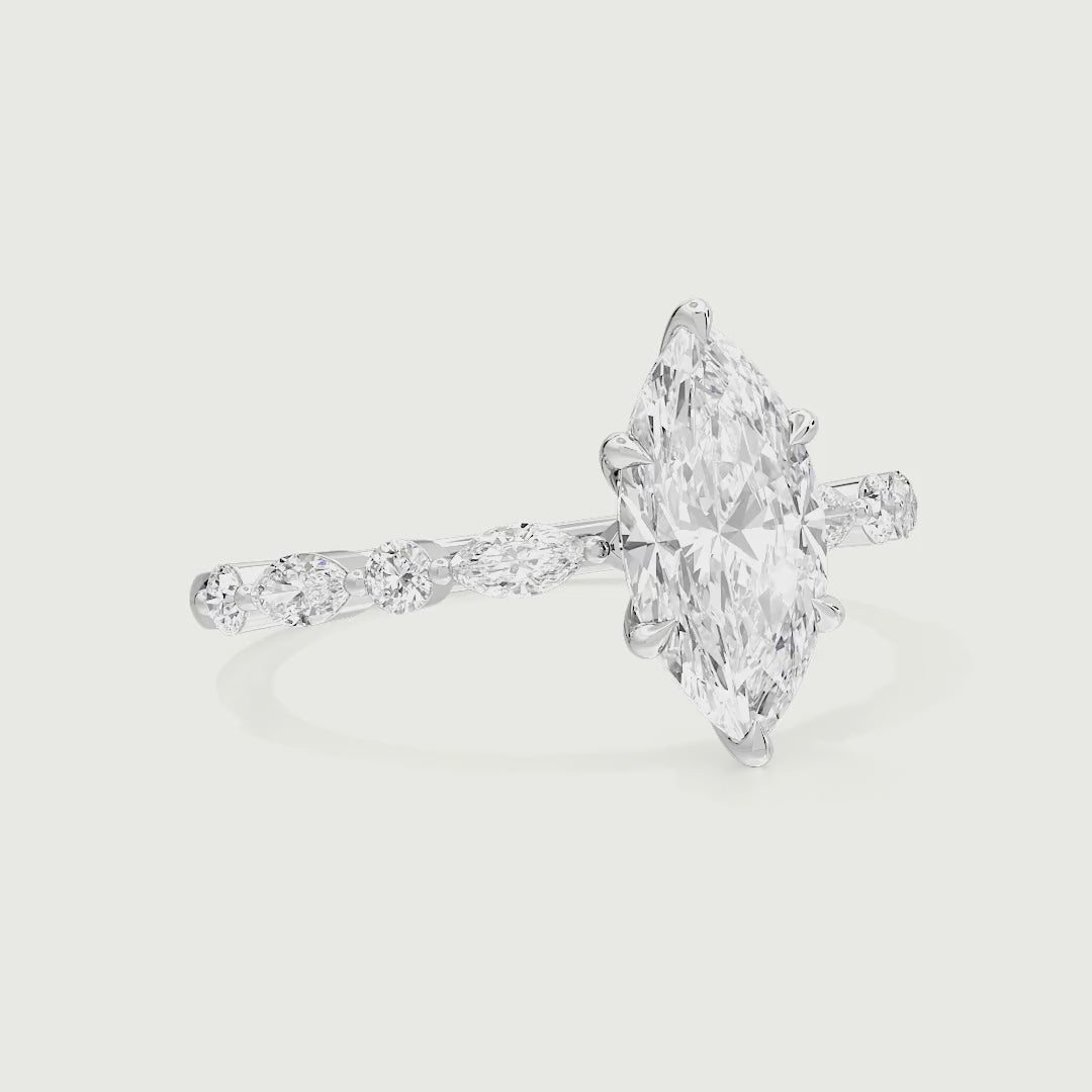 Raelynn Marquise Cut Lab Grown Diamond Shared Prong Marquise and Round Side Stone Ring