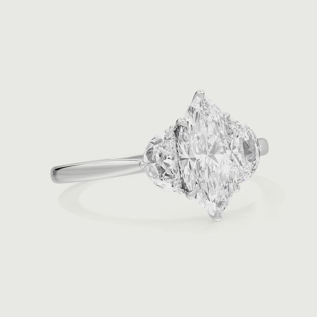 Meredith Three Stone Marquise Cut Moissanite Engagement Ring With Half Moon Stones