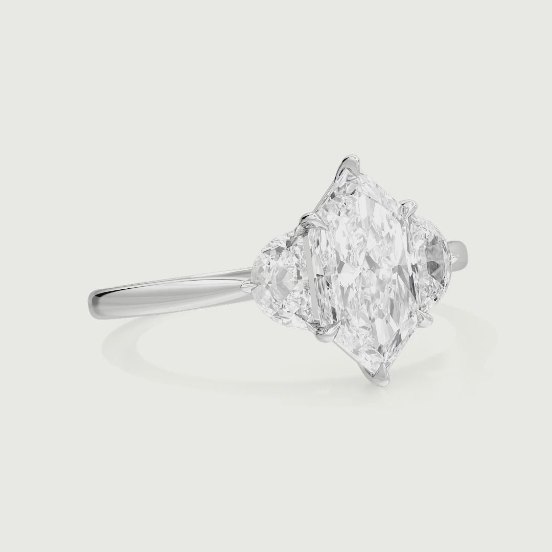 Meredith Three Stone Dutch Marquise Lab Grown Diamond Engagement Ring With Half Moon Stones